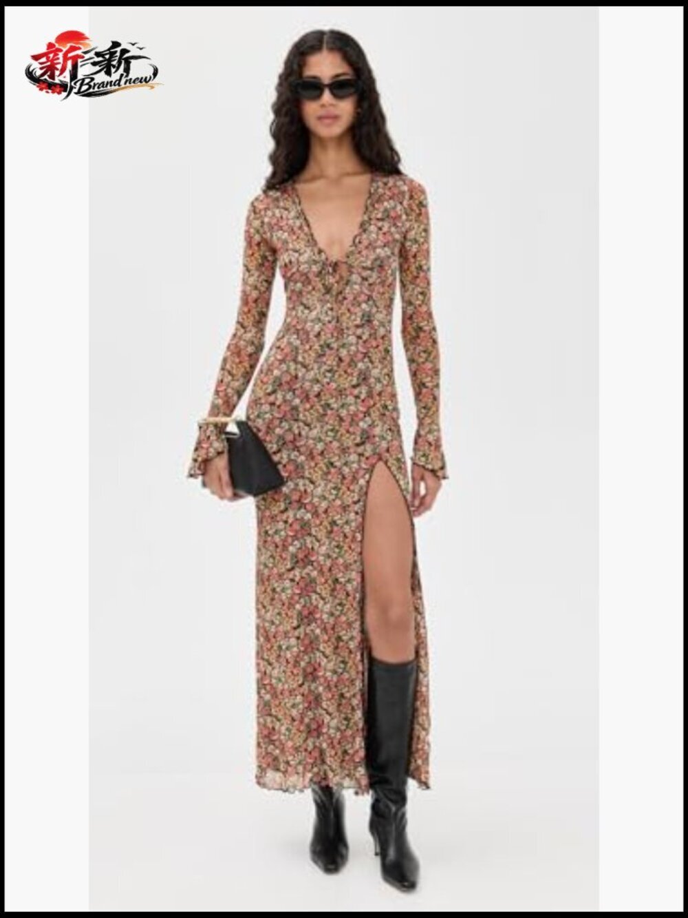 Flowing Maxi Dress with Thigh-High Slit and Plunging Neckline - Picture 5 of 6